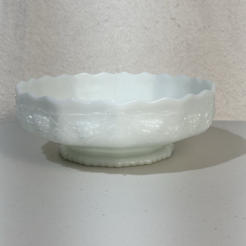 Anchor Hocking Fire King White Milk Glass Harvest Grapevine Footed Fruit Bowl